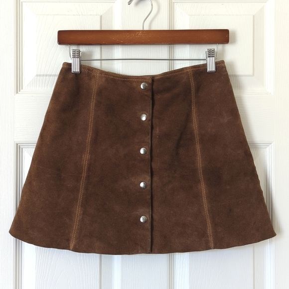 Vintage Dresses & Skirts - 90's Vintage Suede Leather High Waisted A-Line Button Front Mini Skirt Brown S